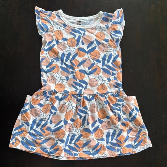 Tea Collection Leafy Blue and Orange Kids Dress - Picture 1 of 3
